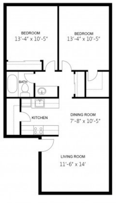 Floor plan for 2 beds, 1 bath, 818 sqft